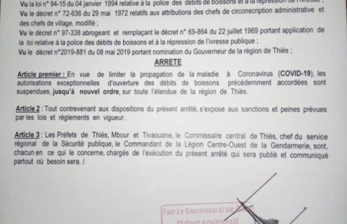 Covid-19 à Thiès : Le Gouverneur ferme les débits de boissons… (DOCUMENT)