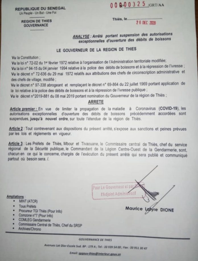 Covid-19 à Thiès : Le Gouverneur ferme les débits de boissons… (DOCUMENT)